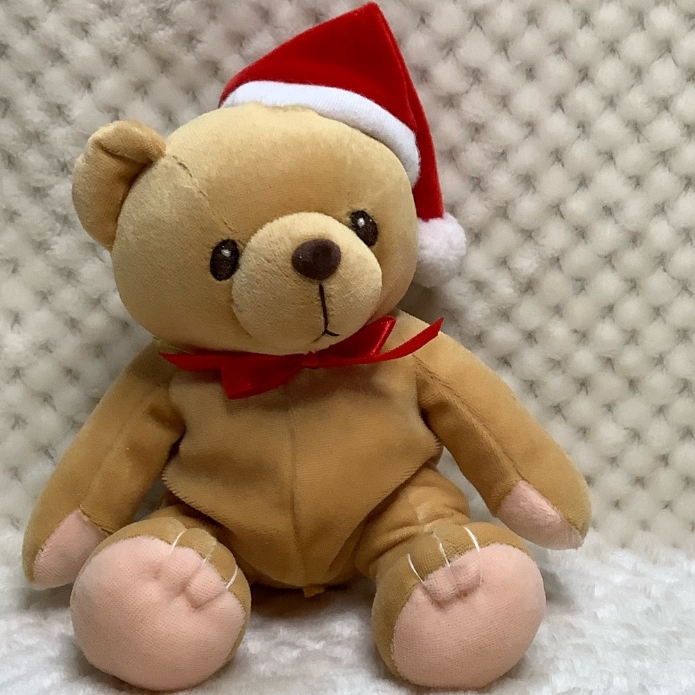 Enesco Cherished Teddies Plush Tan Teddy Bear with Red Santa Hat and Bow